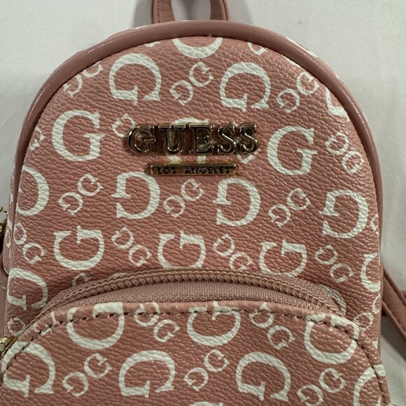 GUESS Mini Backpack Pink Logo Print Faux Leather with a Gold Tone Chain Strap - Picture 8 of 8